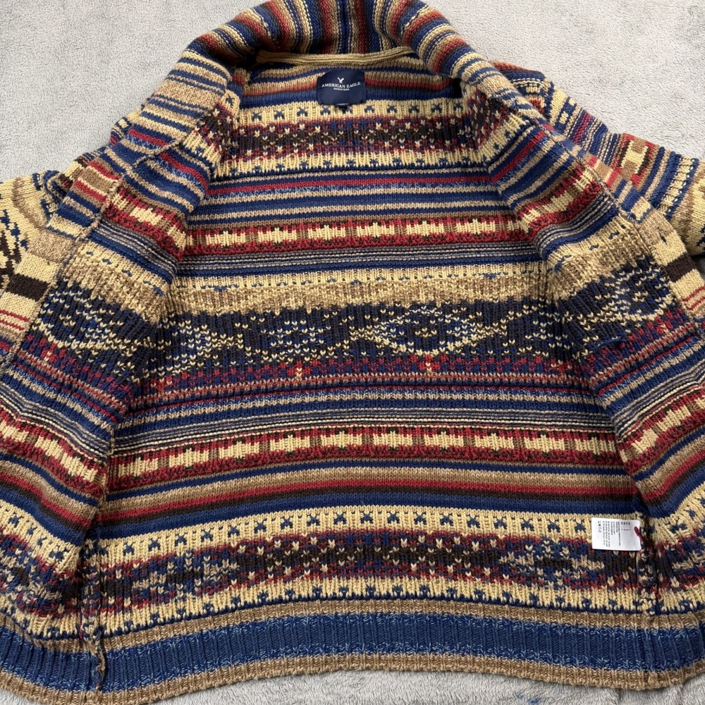 American Eagle Mens Large Southwestern Shawl Collar Button Cardigan Sweater Blue - Picture 10 of 13